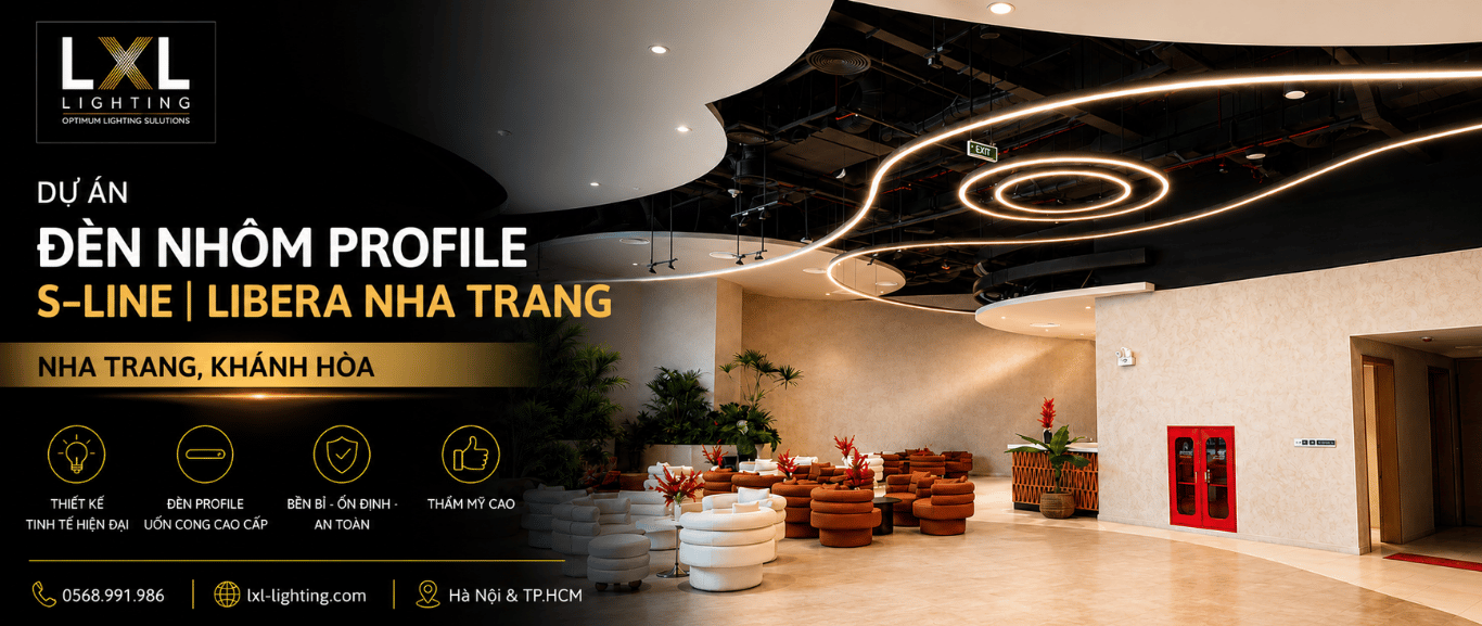 Đèn nhôm profile uốn cong liền mạch trên trần khu sảnh