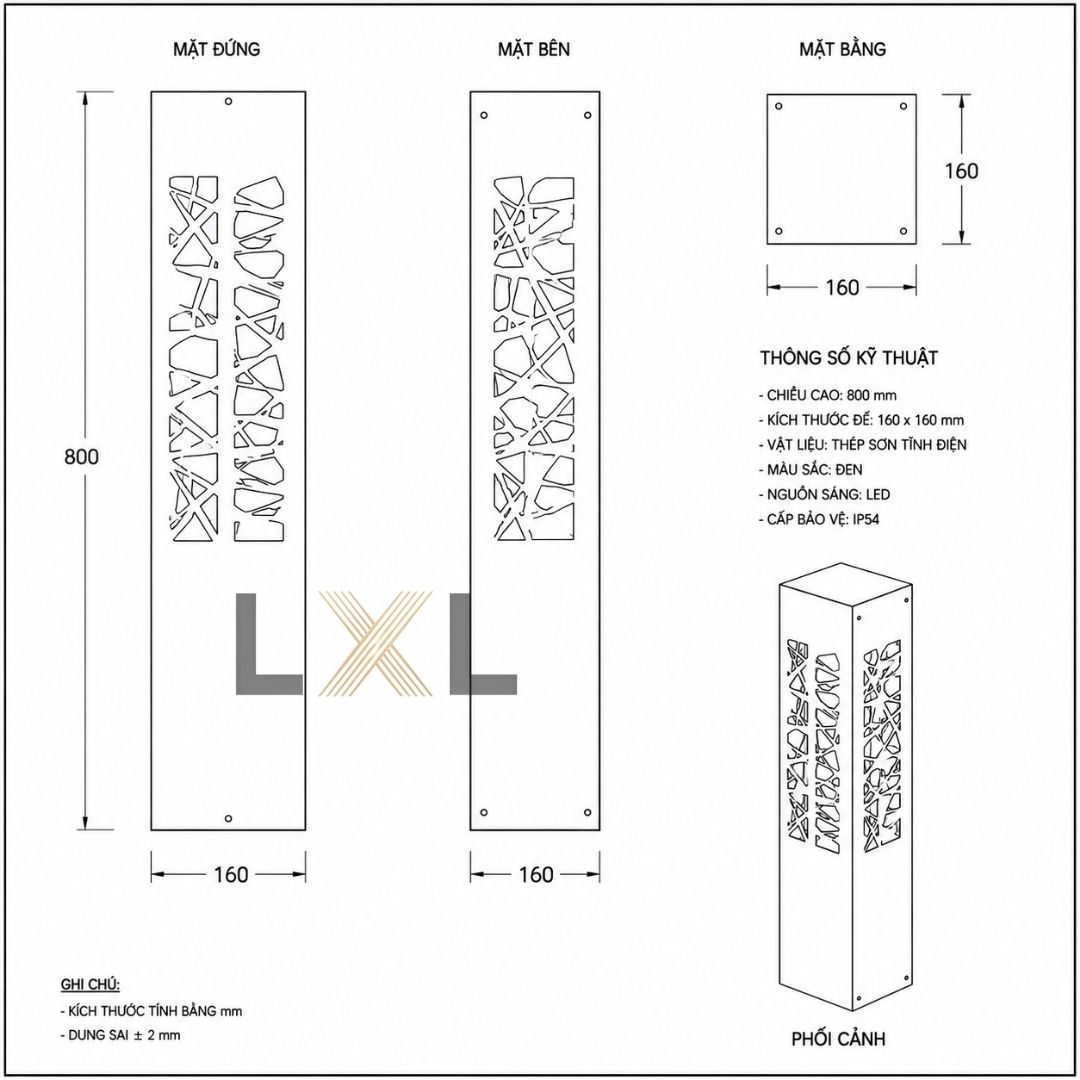 Đèn Bollard Vuông Cắt Laser Họa Tiết  LL11