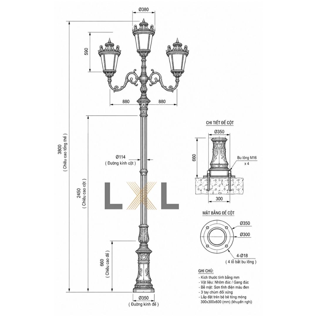 Cột Đèn Cảnh Quan Cổ Điển 3 Tay Chùm LXL
