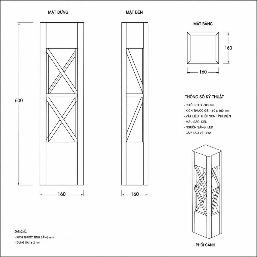 Đèn Bollard Vuông Họa Tiết X Chéo  LL10