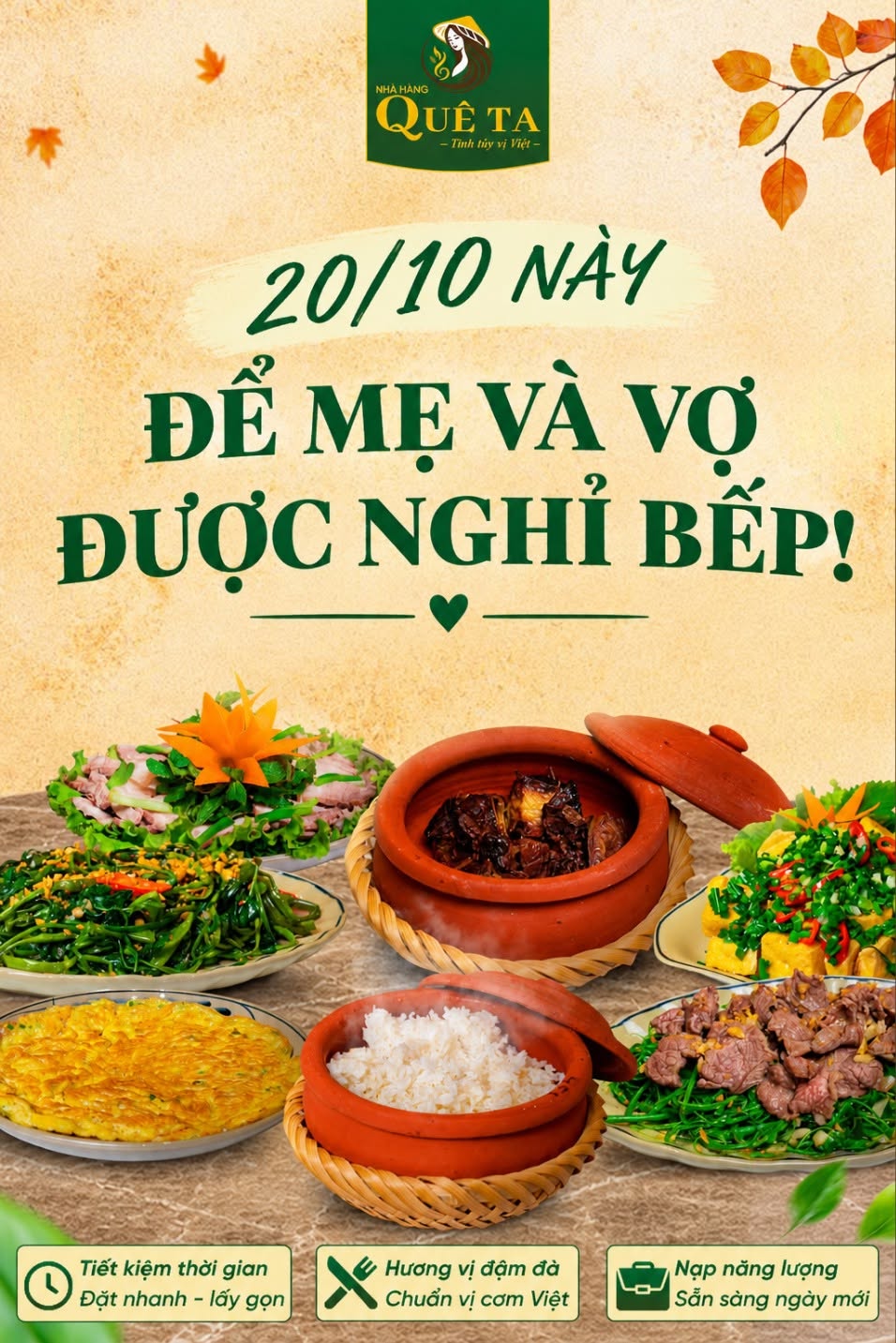 20/10 NÀY, ĐỂ MẸ VÀ VỢ ĐƯỢC NGHỈ BẾP CÙNG QUÊ TA