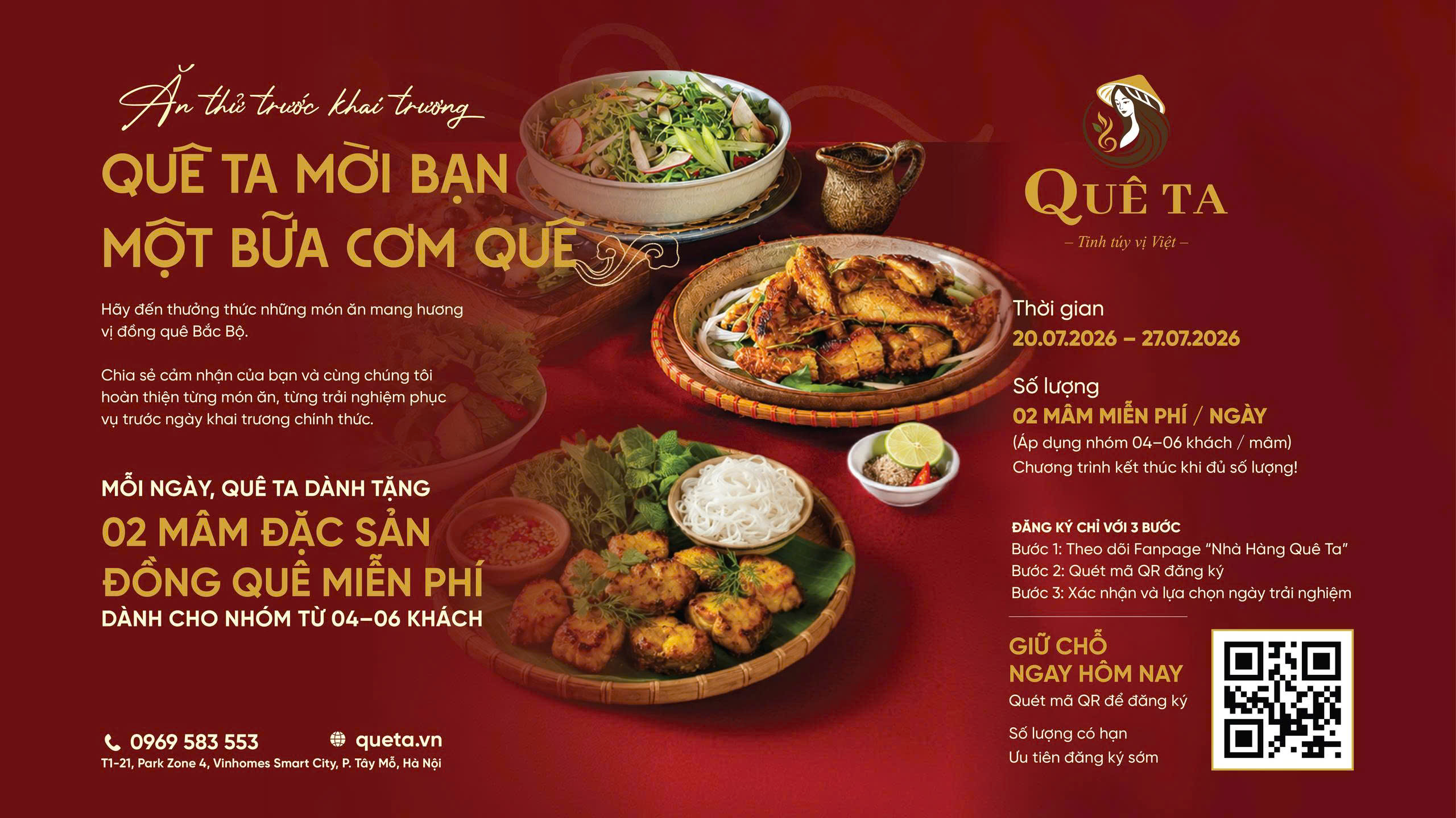 Đăng ký trải nghiệm miễn phí trước khai trương Nhà hàng Quê Ta – Thưởng thức Đặc sản Đồng Quê & Ẩm thực Việt tại Zone 4 Smart City
