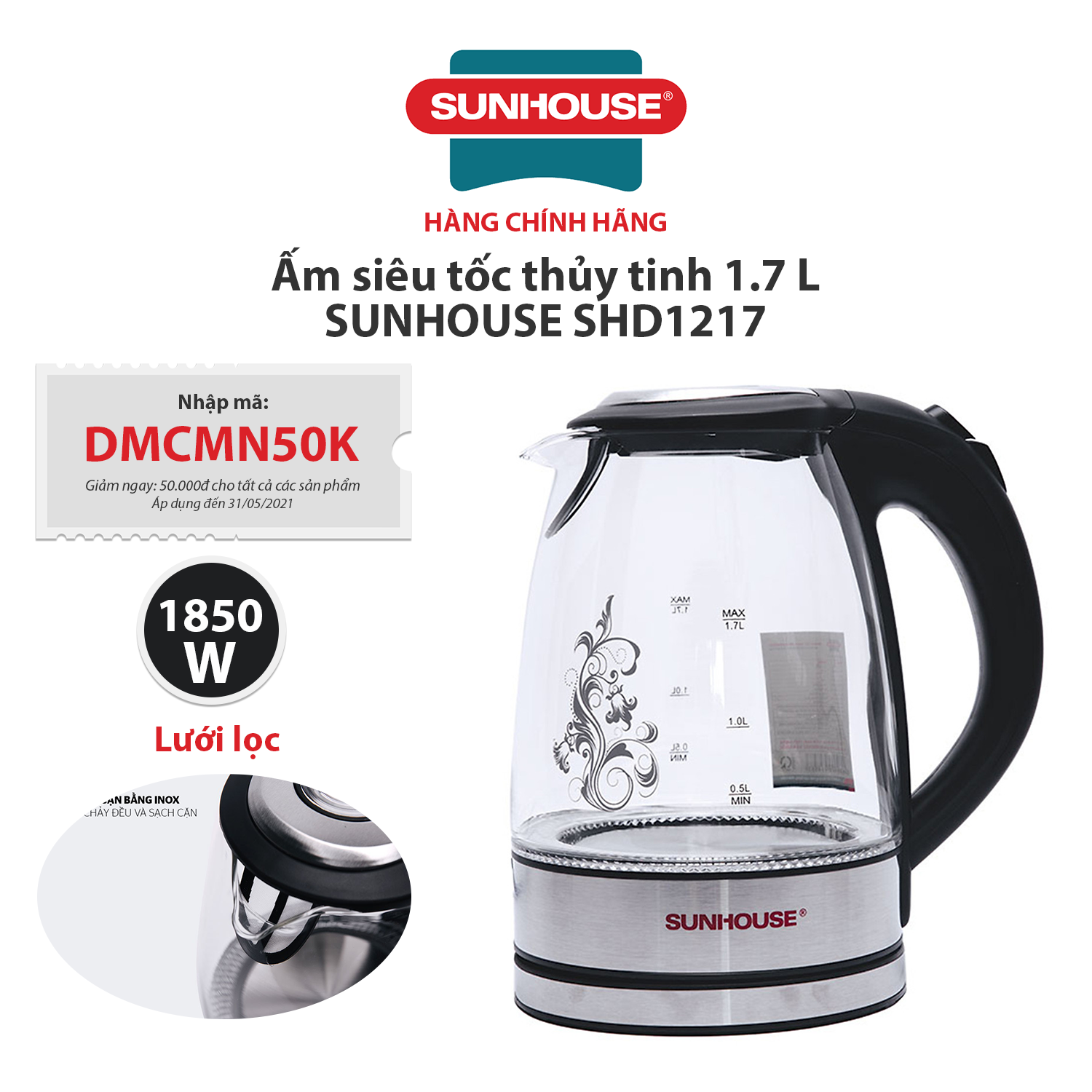 Ấm siêu tốc thuỷ tinh 1,7L Sunhouse SHD1217