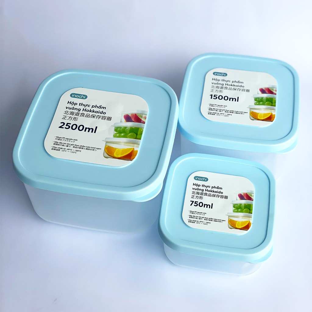 Bộ 3 hộp nhựa đựng thực phẩm vuông trắng Inochi Hokkaido 750ml-1500-2500ml