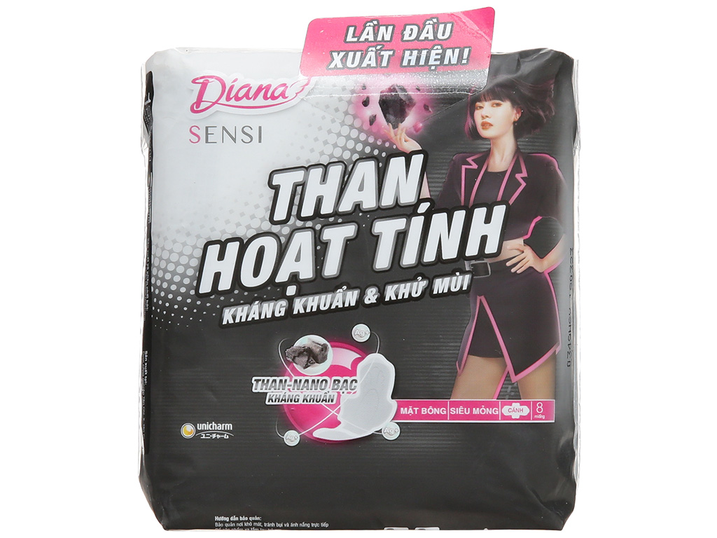 Băng vệ sinh Diana sensi than hoạt tính nano bạc kháng khuẩn siêu mỏng cánh 8M
