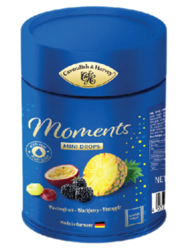Kẹo trái cây  C&H Moments Mini Drops vị dứa-chanh dây-dâu đen Đức 100g