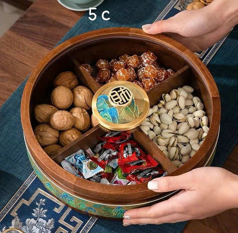 Khay gỗ mứt Tết tròn nắp thủy tinh đế xoay