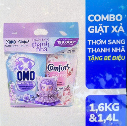 Combo giặt xả OMO + Comfor thơm sang thanh nhã tặng bé điệu 1.6kg & 1.4L