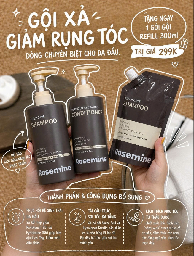 Bộ gội, xả Rosemine giảm rụng tóc dành cho da dầu 1000ml