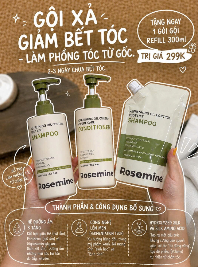 Bộ gội, xả Rosemine giảm bết tóc, làm phồng tóc từ gốc 1000ml