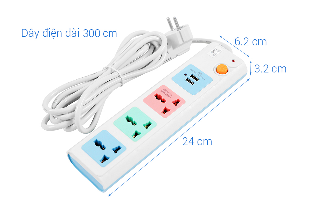 Ổ cắm nối dài an toàn có cổng sạc USB dây 3m 3 ổ cắm Comet Max 250V-2500W CES5303