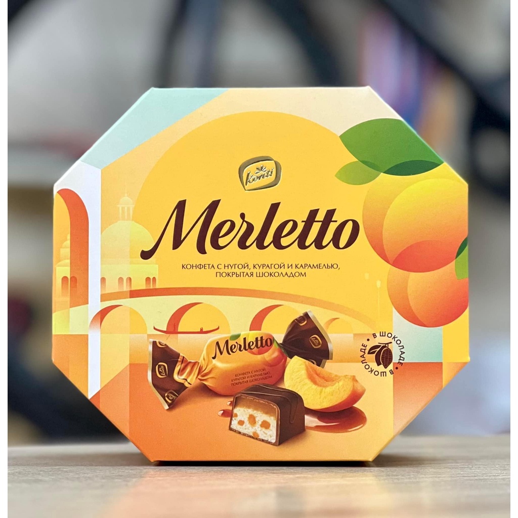Kẹo Merletto phủ socola nhân caramel với đào Nga 150g