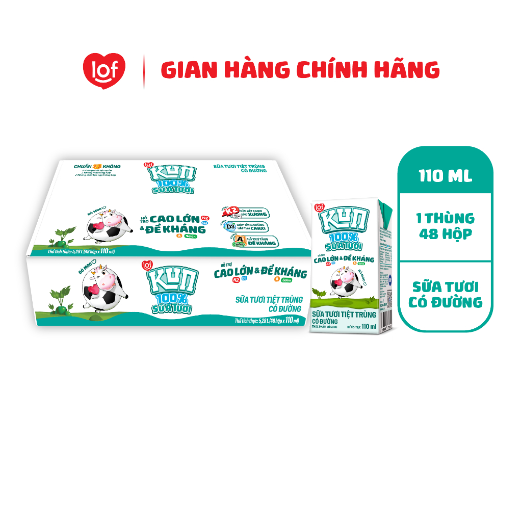 Lof KUN sữa tươi cao lớn & đề kháng có đường 110ml