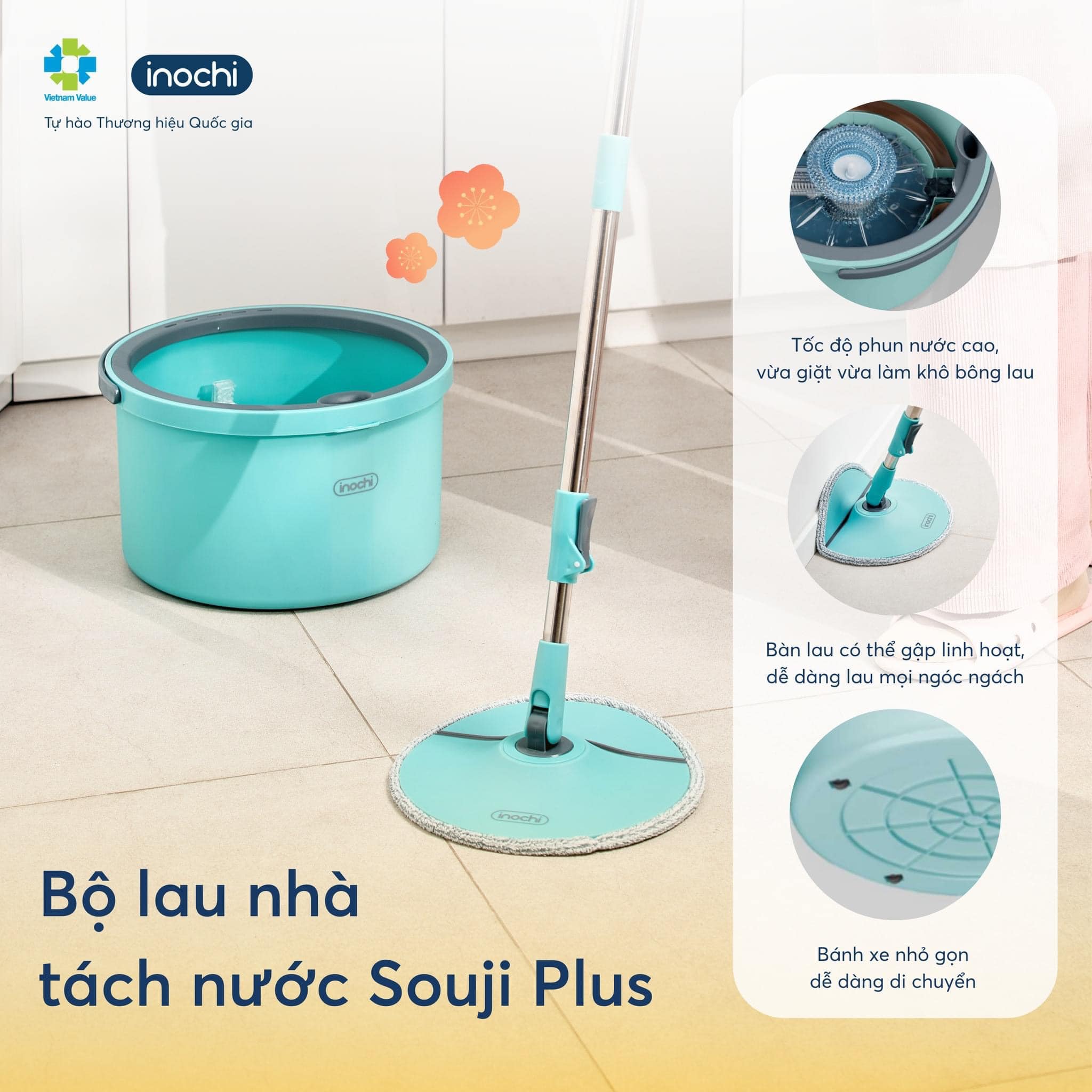 Bộ lau nhà tách nước tròn Inochi Souji Plus 360 độ