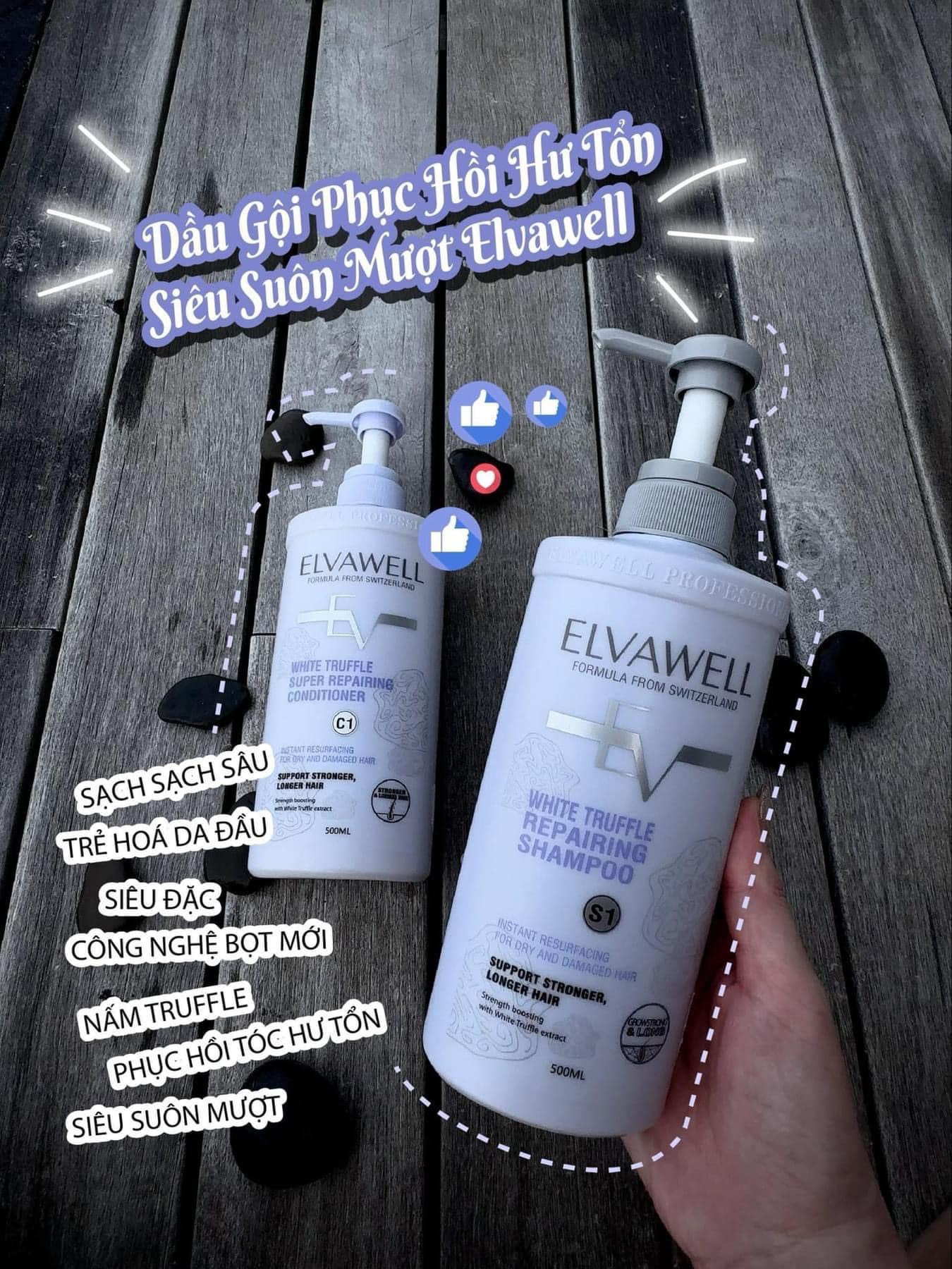 Cặp gội, xả ELVAWELL phục hồi hư tổn, siêu suôn mượt 1000ml Thuỵ Sỹ