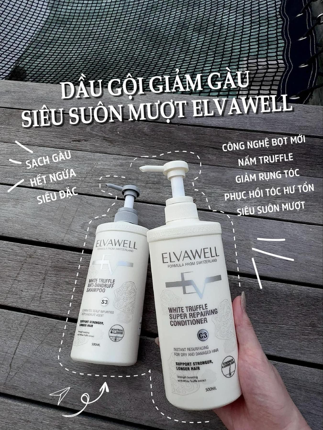 Cặp gội, xả ELVAWELL giảm gàu, siêu suôn mượt 1000ml Thuỵ Sỹ