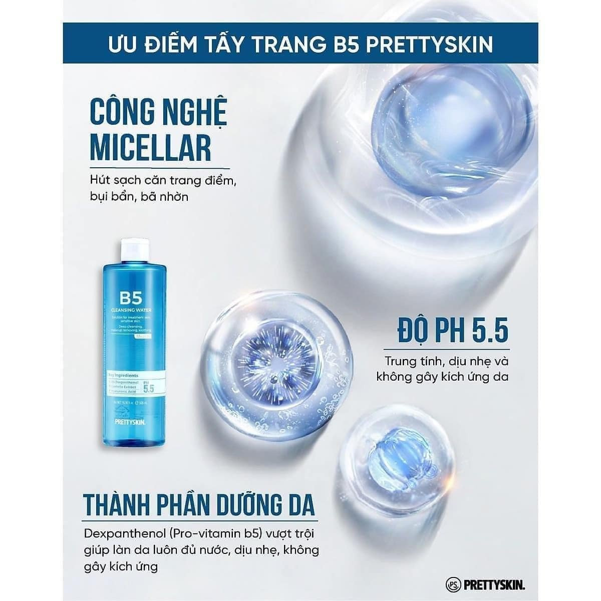 Nước tẩy trang phục hồi cho da nhạy cảm Prettyskin B5 Cleansing Water 500ml Hàn Quốc