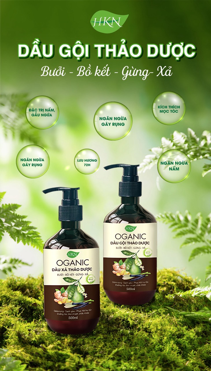 Cặp gội, xả thảo dược Oganic bưởi-bồ kết-gừng xả dưỡng tóc, ngăn rụng, phục hồi hư tổn 500ml
