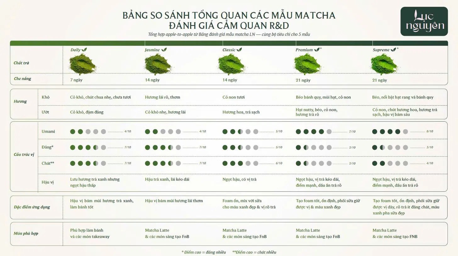 Bảng so sánh 5 dòng bột matcha oolong Lục Nguyên – đánh giá cảm quan R&D
