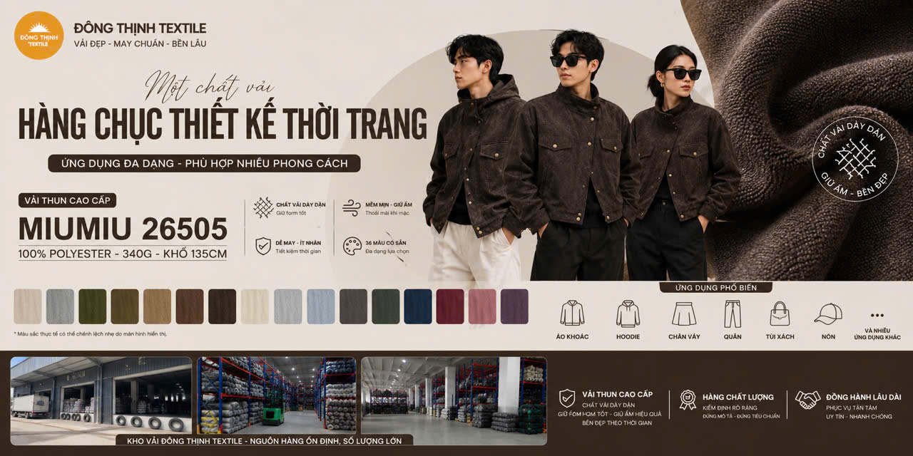 Bộ Sưu Tập Hoodie cho Thu Đông  Vải MIUMIU 26505 – Chất liệu Polyester 340GSM cao cấp cho áo khoác, hoodie và thời trang Thu Đông