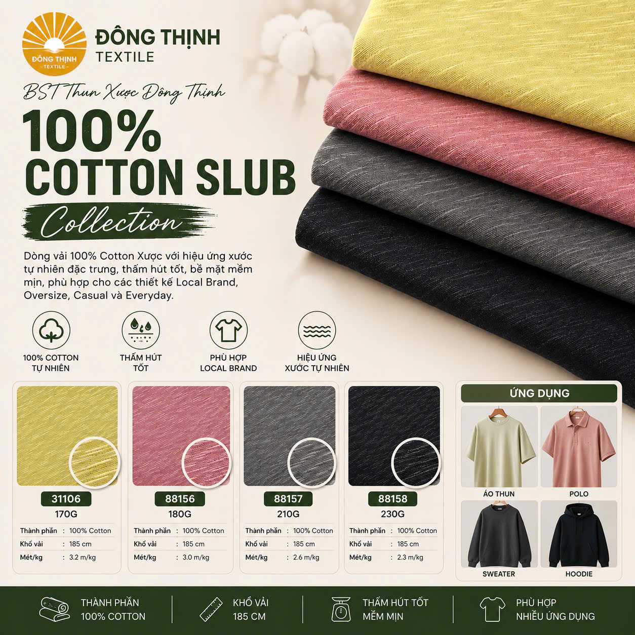 🌿 BST THUN XƯỢC 100% COTTON SLUB – VẺ ĐẸP TỰ NHIÊN CHO MỌI THIẾT KẾ