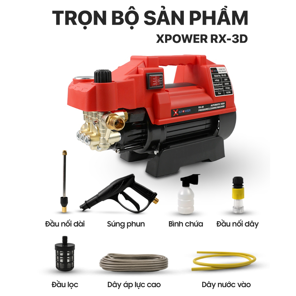 Máy rửa xe Xpower RX-3D chính hãng -Công suất 2400w tặng kèm dây xịt dài 15m