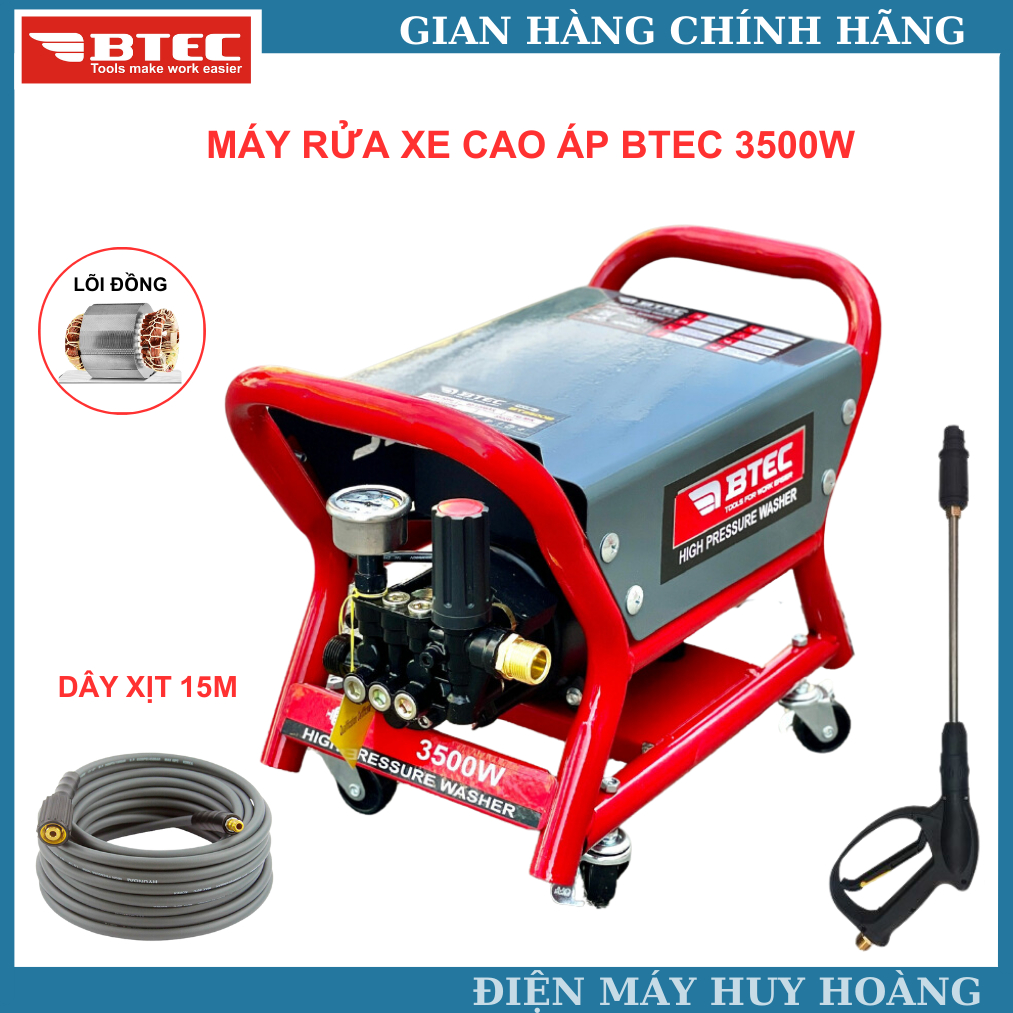 Máy xịt rửa xe BTEC lõi đồng công suất 3500w mẫu mới 2024 - Tặng dây xịt dài 15m
