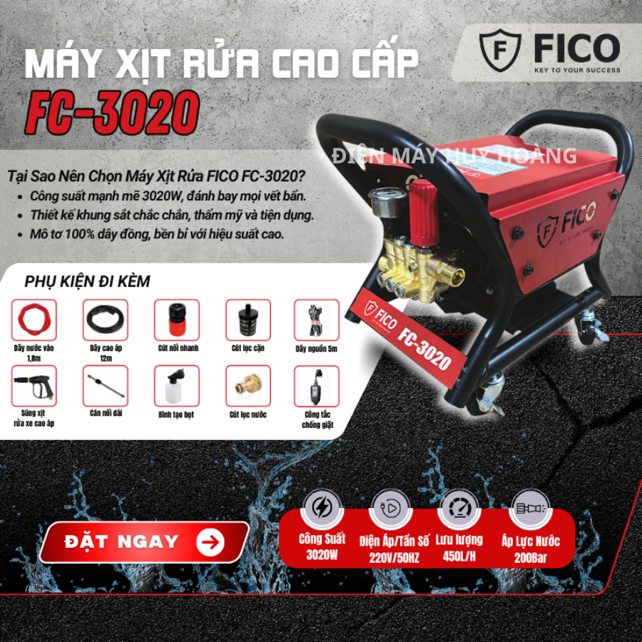 Máy Rửa Xe Chỉnh Áp FICO FC-3020 – Công Suất 3020W | Áp Lực 200 Bar