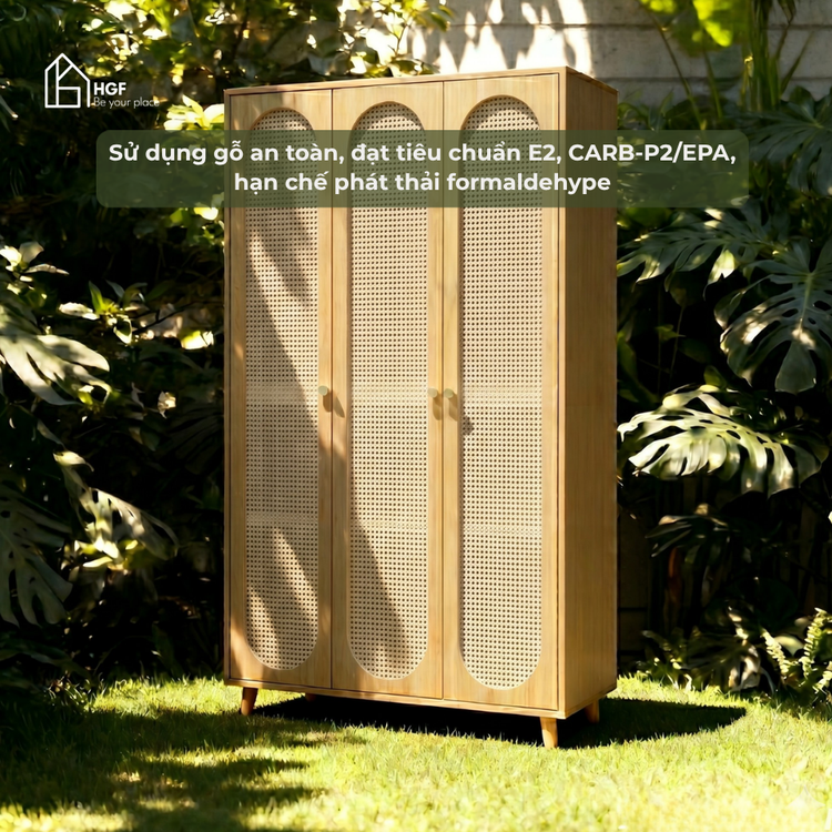 Tủ quần áo phối mây tre TARA HGF 3 cánh, gỗ MDF, 120x60x200cm, TQA012