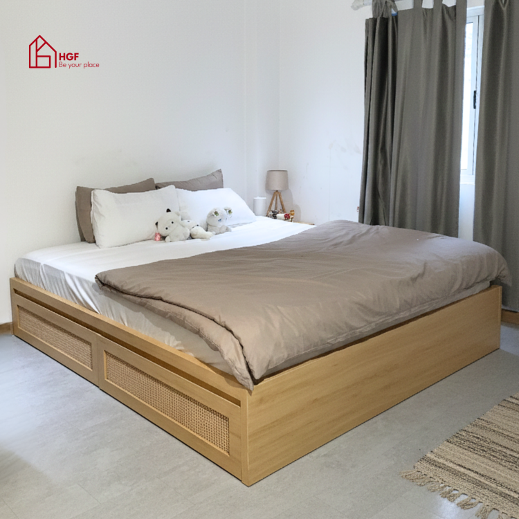 Giường ngủ phối mây MEY HGF 2 hộc kéo, gỗ MDF, 1m6/1m8, GN001