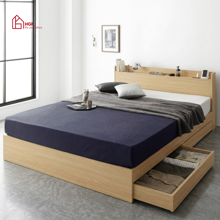 Giường ngủ có ngăn kéo EMQUA HGF, gỗ MDF, 1m2/1m4/1m6/1m8/2m, GN008