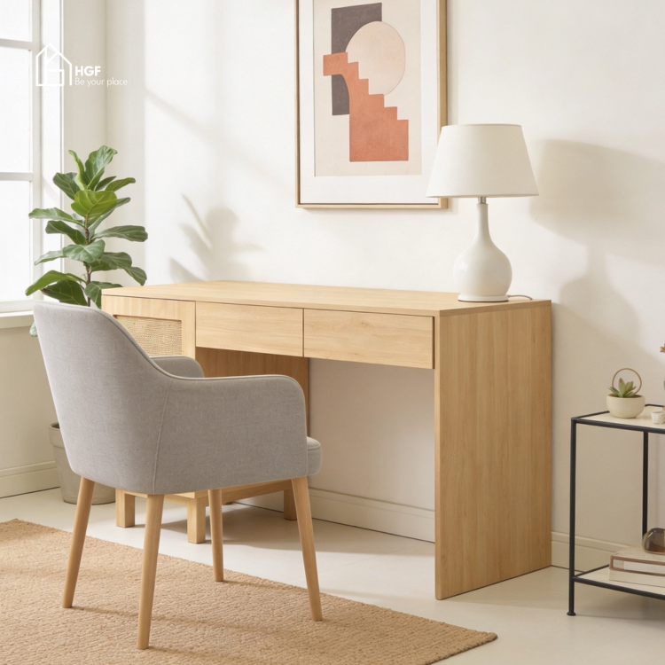 Bàn làm việc phối mây MEY HGF 1 cánh 2 hộc kéo, gỗ MDF, 100/120x50x75cm, BLV003