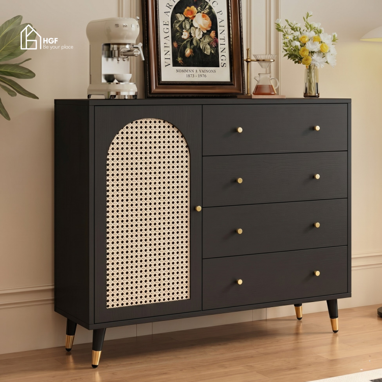 Tủ lưu trữ đa năng HEI HGF phối mây 4 hộc kéo, gỗ MDF,  120x40x100cm, TLT098
