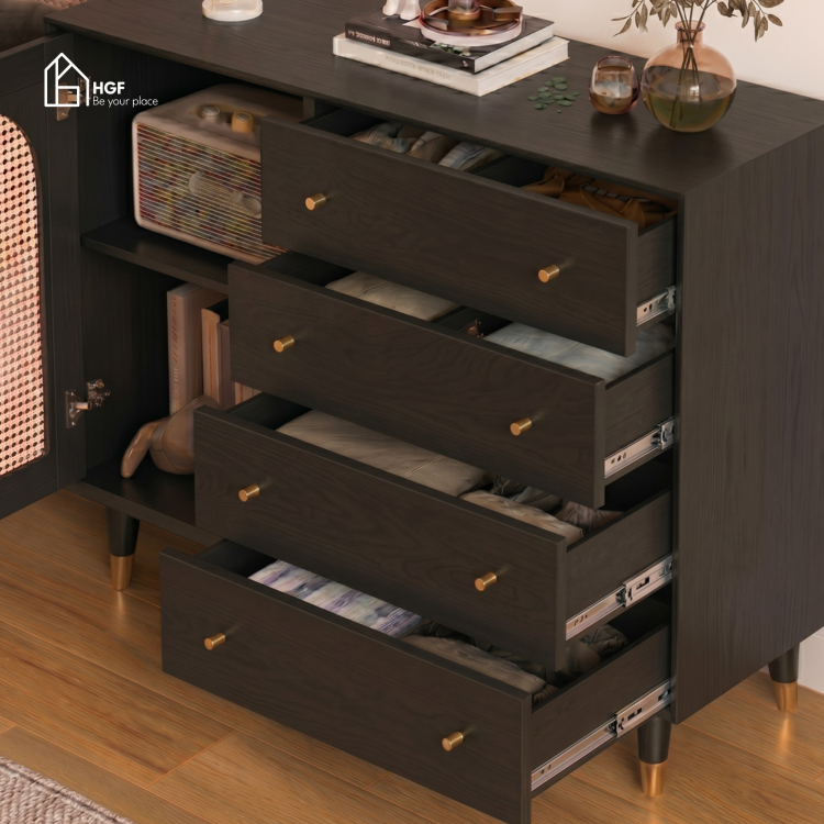 Tủ lưu trữ đa năng HEI HGF phối mây 4 hộc kéo, gỗ MDF,  120x40x100cm, TLT098