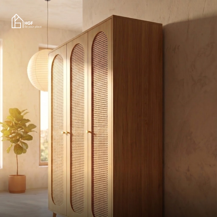 Tủ quần áo phối mây tre TARA HGF 3 cánh, gỗ MDF, 120x60x200cm, TQA012