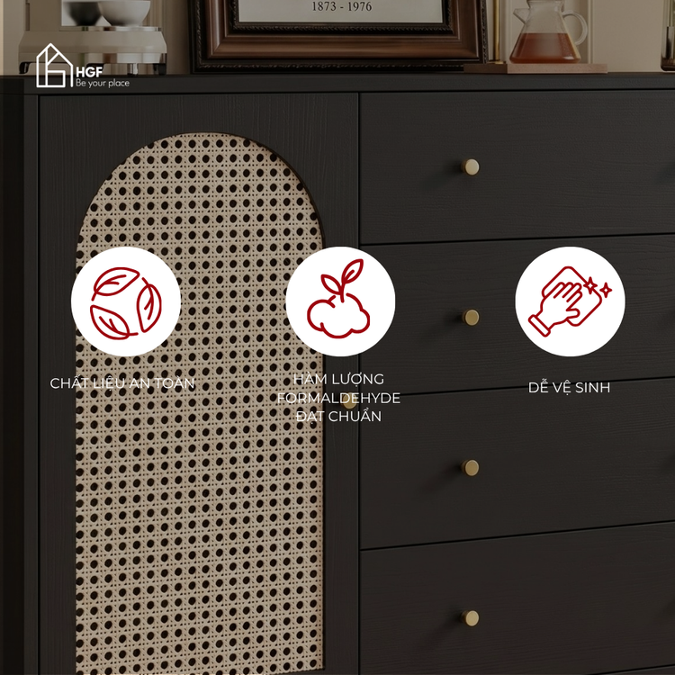 Tủ lưu trữ đa năng HEI HGF phối mây 4 hộc kéo, gỗ MDF,  120x40x100cm, TLT098