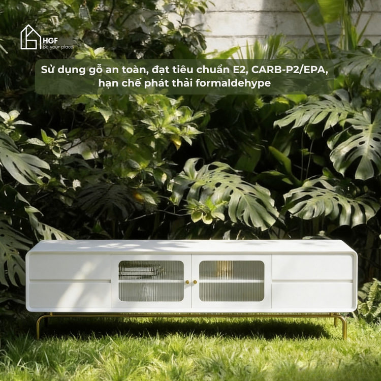 Tủ tivi CLAIR HGF 2 cánh kính 4 hộc kéo, gỗ MDF sơn 2K, 180/200x40x55cm,TTV042