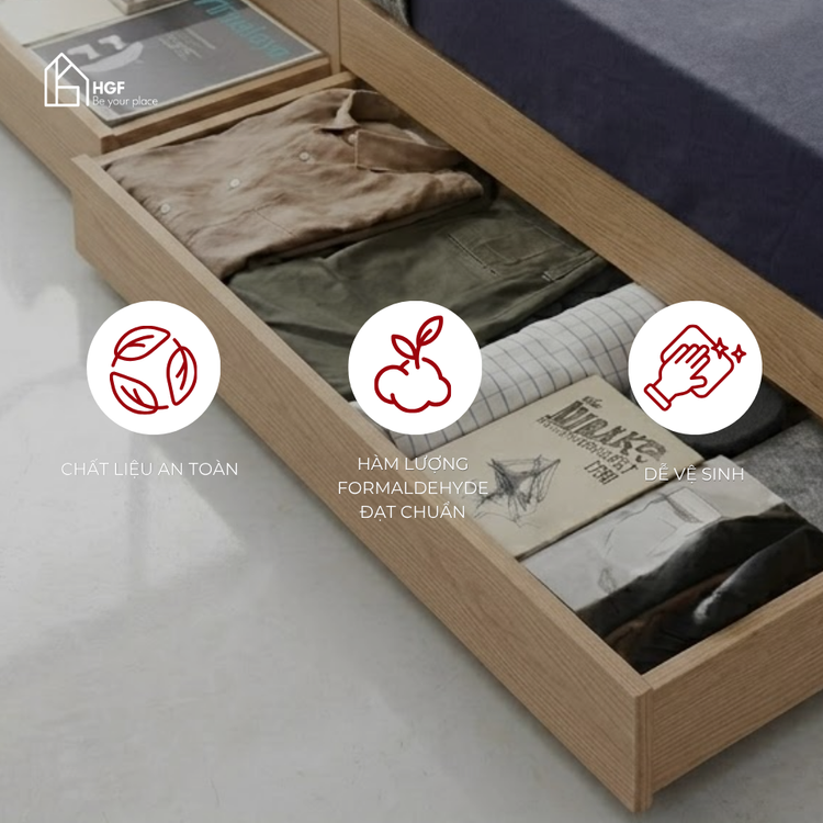Giường ngủ có ngăn kéo EMQUA HGF, gỗ MDF, 1m2/1m4/1m6/1m8/2m, GN008