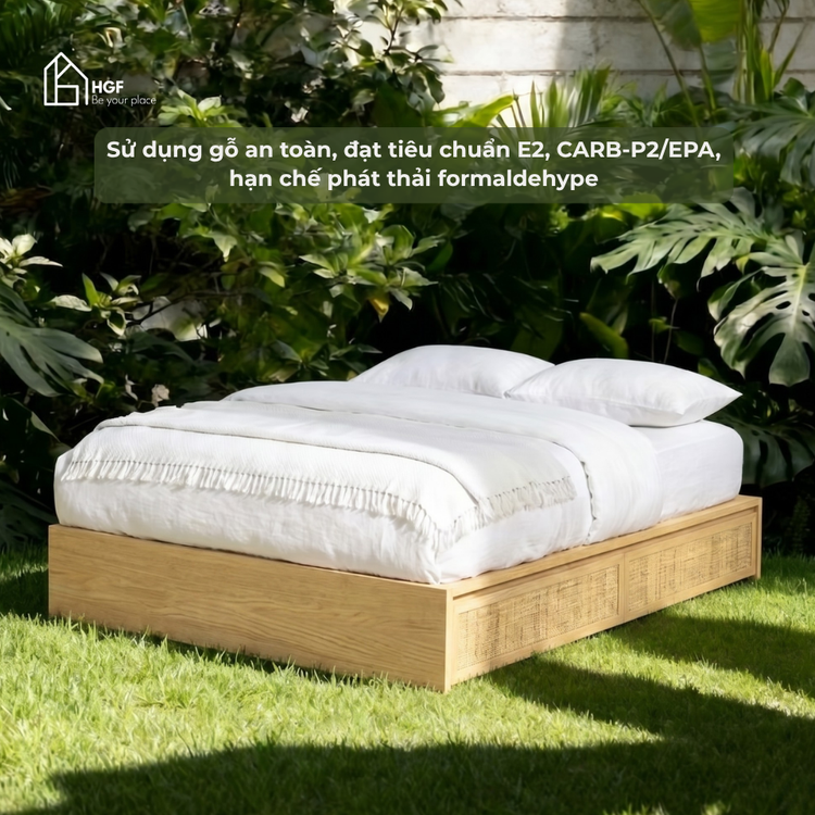 Giường ngủ phối mây MEY HGF 2 hộc kéo, gỗ MDF, 1m6/1m8, GN001