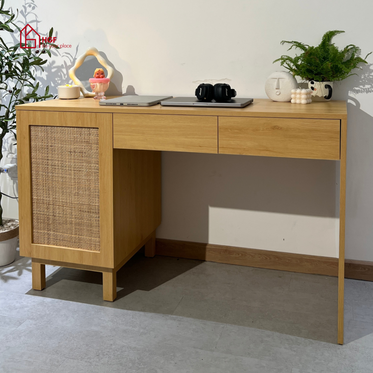 Bàn làm việc phối mây MEY HGF 1 cánh 2 hộc kéo, gỗ MDF, 100/120x50x75cm, BLV003