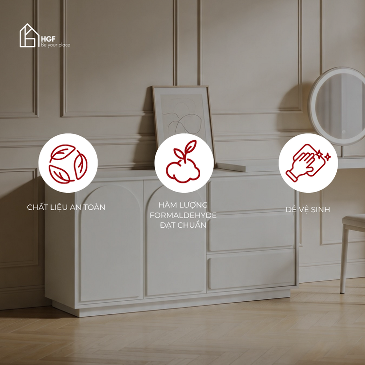 Bàn trang điểm ALY HGF 3 ngăn kéo 2 cánh bo cong, Gỗ MDF, 120x40x75cm, BTD004