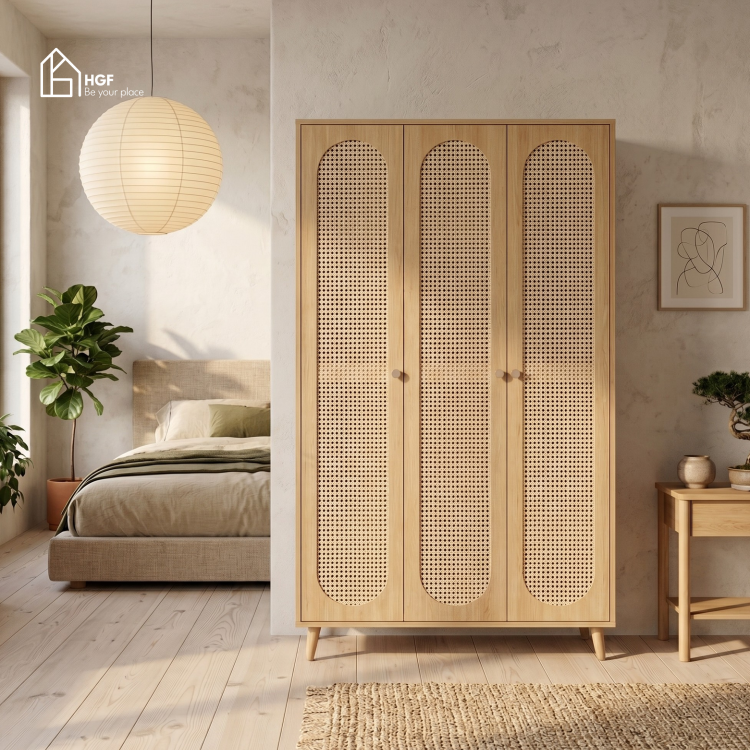 Tủ quần áo phối mây tre TARA HGF 3 cánh, gỗ MDF, 120x60x200cm, TQA012