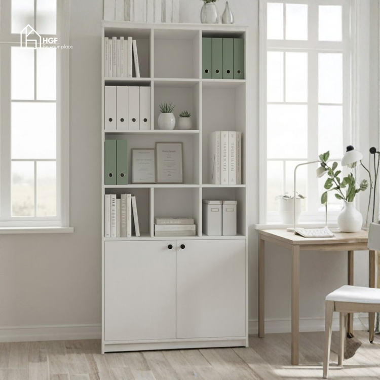 Kệ sách nhiều tầng ILA HGF 10 ngăn 2 cánh, gỗ MDF, 90x39x200cm, KS006