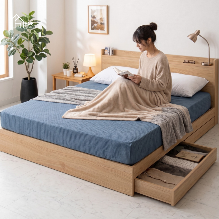 Giường ngủ có ngăn kéo EMQUA HGF, gỗ MDF, 1m2/1m4/1m6/1m8/2m, GN008