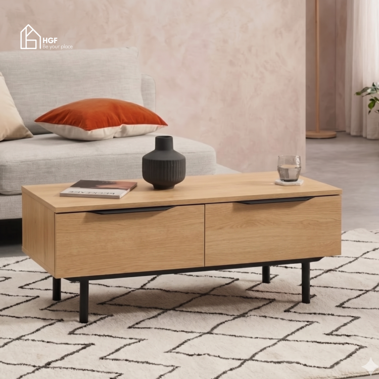 Bàn trà phòng khách RIA HGF 2 ngăn kéo, gỗ MDF, 100x50x45cm, BT014