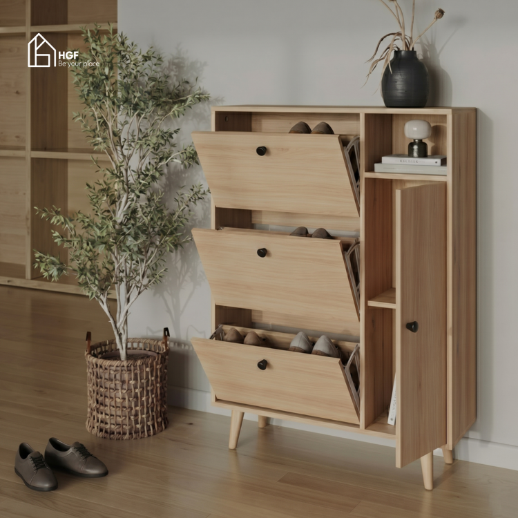 Tủ giày WEAN HGF 3 cánh lật, gỗ MDF, 90x30x120cm, TG008