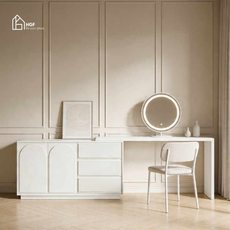 Bàn trang điểm ALY HGF 3 ngăn kéo 2 cánh bo cong, Gỗ MDF, 120x40x75cm, BTD004