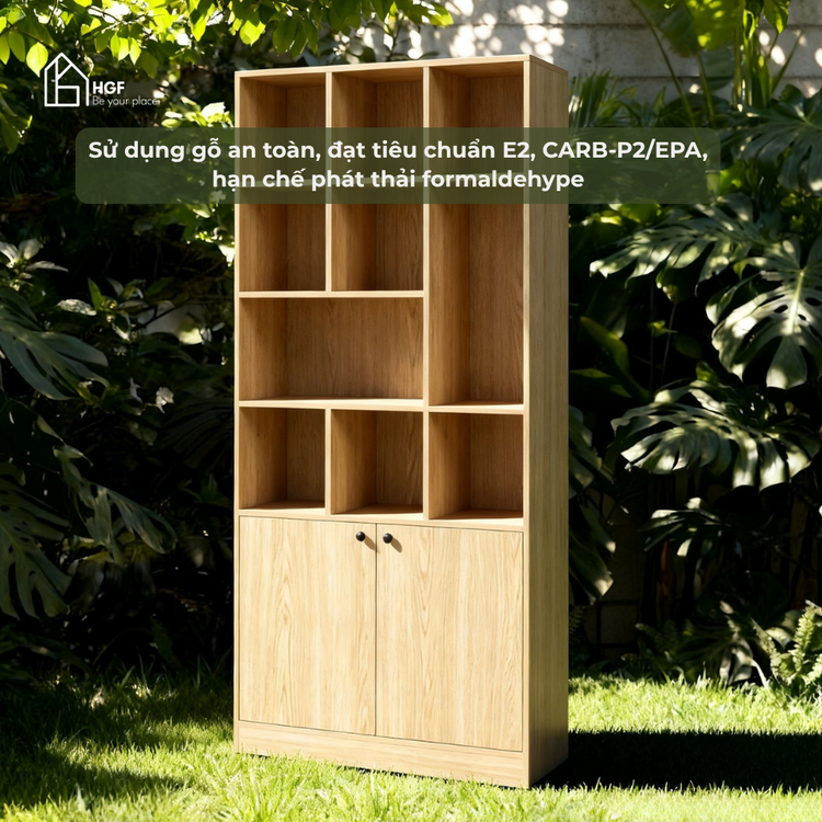 Kệ sách nhiều tầng ILA HGF 10 ngăn 2 cánh, gỗ MDF, 90x39x200cm, KS006