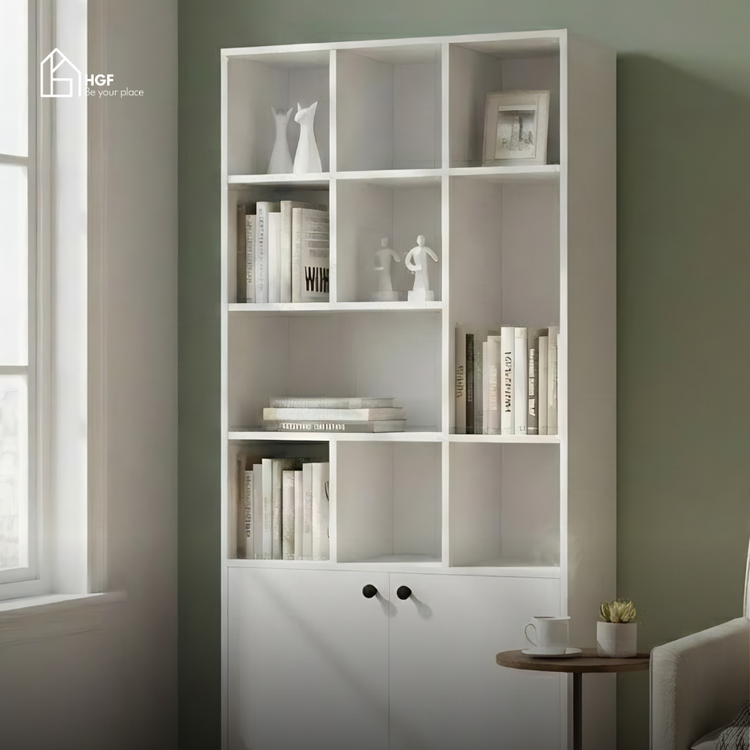 Kệ sách nhiều tầng ILA HGF 10 ngăn 2 cánh, gỗ MDF, 90x39x200cm, KS006