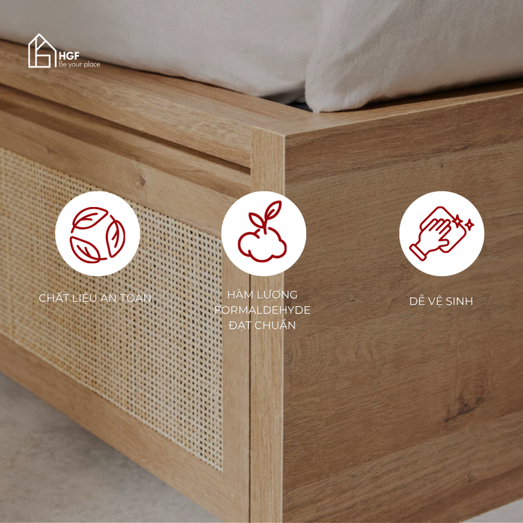 Giường ngủ phối mây MEY HGF 2 hộc kéo, gỗ MDF, 1m6/1m8, GN001